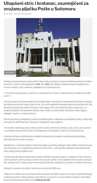 Montenegro-avmp/Uhapseni-stric-i-bratanac-osumnjiceni-za-oruzanu-pljacku-Poste-u-Sutomoru_1