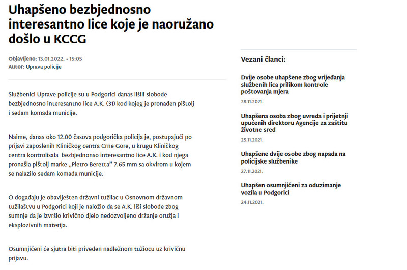 Montenegro-avmp/Uhapseno-bezbjednosno-interesantno-lice-koje-je-naoruzano-doslo-u-KCCG