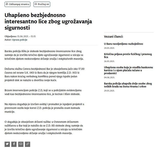 Montenegro-avmp/Uhapseno-bezbjednosno-interesantno-lice-zbog-ugrozavanja-sigurnosti