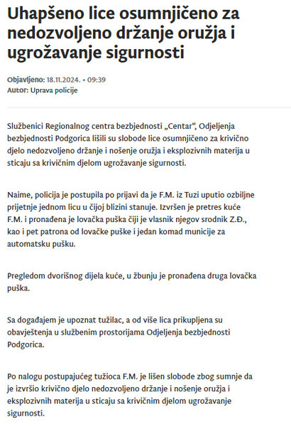 Montenegro-avmp/Uhapseno-lice-osumnjiceno-za-nedozvoljeno-drzanje-oruzja-i-ugrozavanje-si