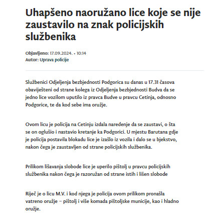 Montenegro-avmp/Uhapseno-naoruzano-lice-koje-se-nije-zaustavilo-na-znak-policijskih-sluzbe