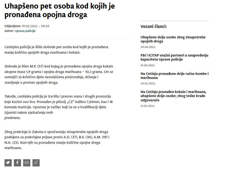Montenegro-avmp/Uhapseno-pet-osoba-kod-kojih-je-pronadena-opojna-droga