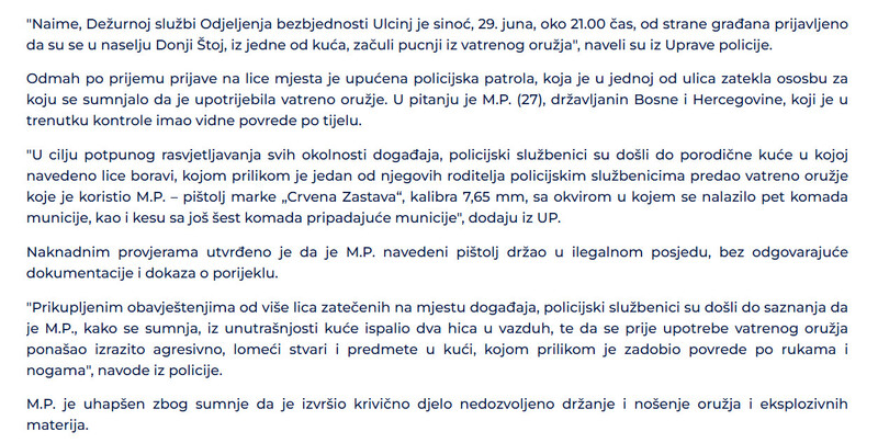 Montenegro-avmp/Ulcinj-Drzavljanin-BiH-uhapsen-zbog-senlucenja-oduzet-pistolj_1