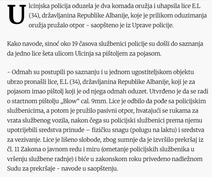 Montenegro-avmp/Ulcinj-Uhapsen-albanski-drzavljanin-osumnjicen-da-je-setao-gradom-sa-pistoljem-za-pojasom_2