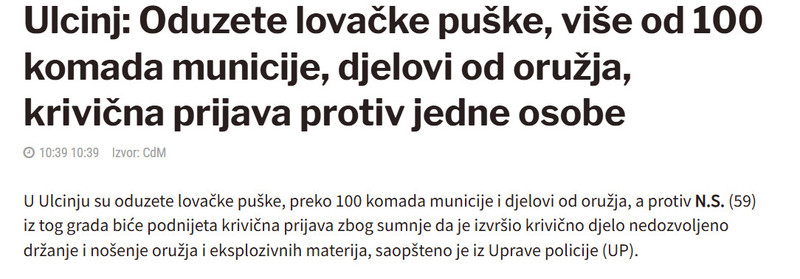 Montenegro-avmp/Ulcinj_-Oduzete-lovacke-puske-vise-od-100-komada-municije-djelovi-od-oruzj