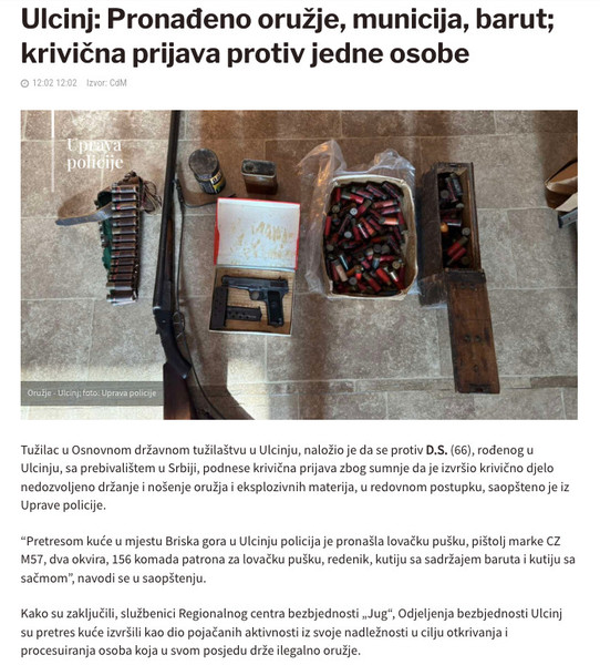 Montenegro-avmp/Ulcinj_-Pronadeno-oruzje-municija-barut-krivicna-prijava-protiv-jedne-osob