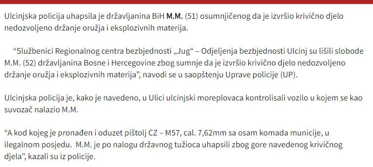 Montenegro-avmp/Ulcinj_-Uhapsen-drzavljanin-BiH-kod-njega-pronaden-pistolj---CdM