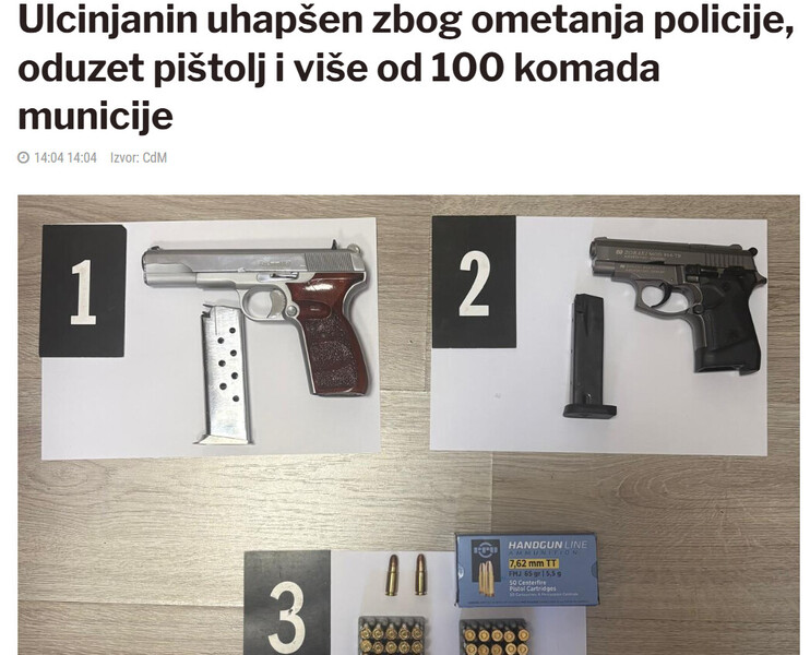Montenegro-avmp/Ulcinjanin-uhapsen-zbog-ometanja-policije-oduzet-pistolj-i-vise-od-100-komada-municije_1