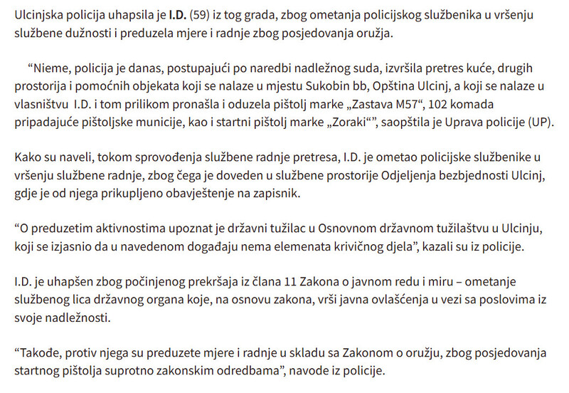 Montenegro-avmp/Ulcinjanin-uhapsen-zbog-ometanja-policije-oduzet-pistolj-i-vise-od-100-komada-municije