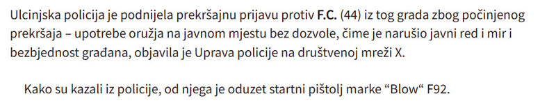 Montenegro-avmp/Ulcinjaninu-oduzet-pistolj-Osumnjicen-da-je-pucao-na-javnom-mjestu-bez-dozvole