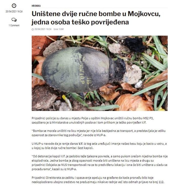 Montenegro-avmp/Unistene-dvije-rucne-bombe-u-Mojkovcu-jedna-osoba-tesko-povrijedena