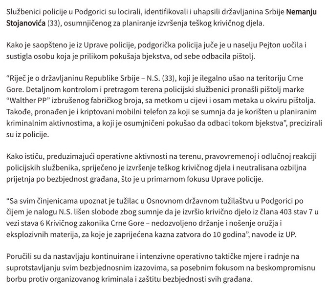 Montenegro-avmp/Uprava-policije_-Uhapsen-drzavljanin-Srbije-tokom-bjekstva-odbacio-pistolj_2