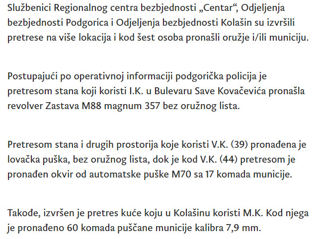 Montenegro-avmp/Vise-pretresa-u-Podgorici-i-Kolasinu-oduzete-puske-revolver-rucna-bomba-i-_1