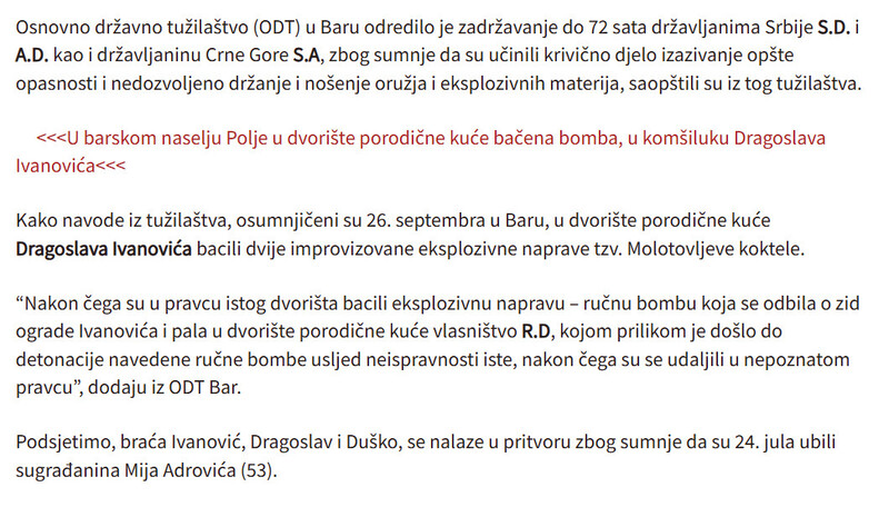 Montenegro-avmp/Zadrzavanje-osumnjicenima-za-bacanje-eksploziva-u-dvoriste-kuce-Ivanovica-u-Baru
