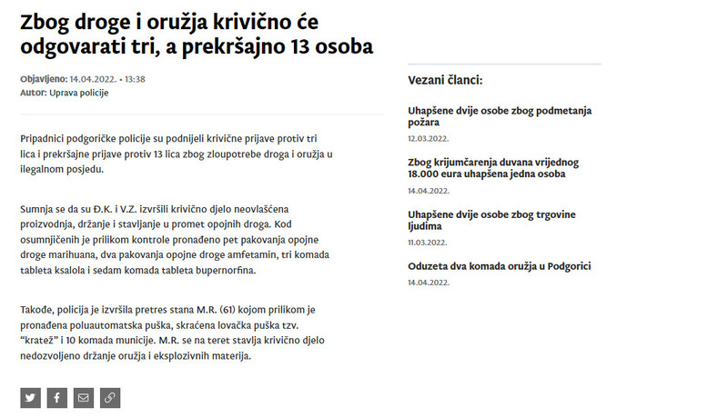 Montenegro-avmp/Zbog-droge-i-oruzja-krivicno-ce-odgovarati-tri-a-prekrsajno-13-osoba