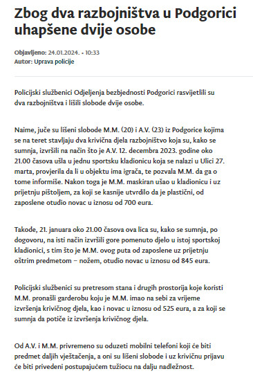 Montenegro-avmp/Zbog-dva-razbojnistva-u-Podgorici-uhapsene-dvije-osobe