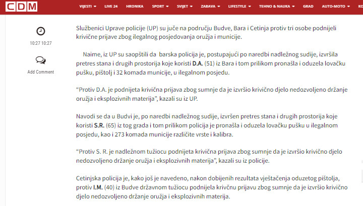 Montenegro-avmp/Zbog-ilegalanog-posjedovanja-oruzja-i-municije-tri-osobe-ce-krivicno-odgo_1i