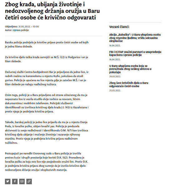Montenegro-avmp/Zbog-krada-ubijanja-zivotinje-i-nedozvoljenog-drzanja-oruzja-u-Baru-cetiri