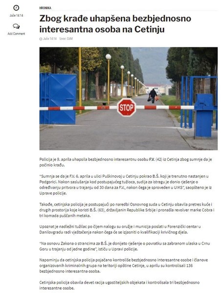 Montenegro-avmp/Zbog-krade-uhapsena-bezbjednosno-interesantna-osoba-na-Cetinju