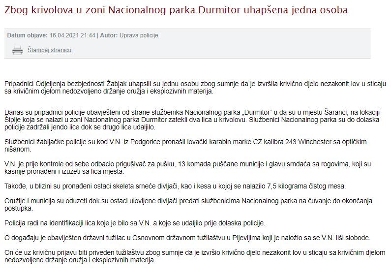 Montenegro-avmp/Zbog-krivolova-u-zoni-Nacionalnog-parka-Durmitor-uhapsena-jedna-osoba