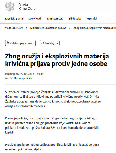 Montenegro-avmp/Zbog-oruzja-i-eksplozivnih-materija-krivicna-prijava-protiv-jedne-osobe