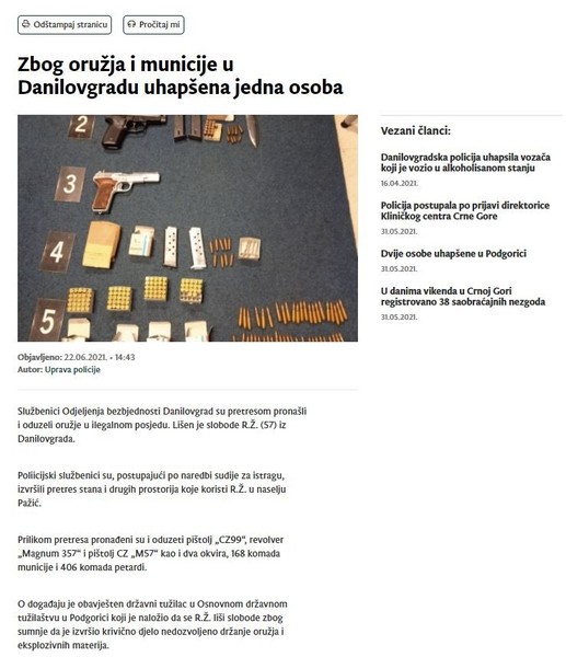Montenegro-avmp/Zbog-oruzja-i-municije-u-Danilovgradu-uhapsena-jedna-osoba