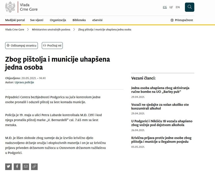 Montenegro-avmp/Zbog-pistolja-i-municije-uhapsena-jedna-osoba