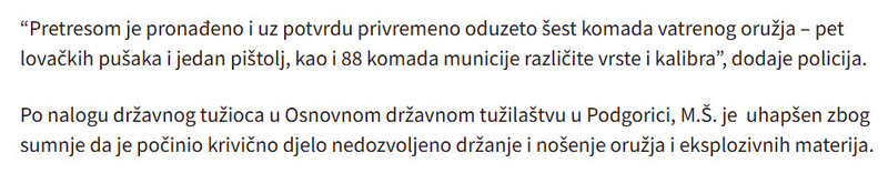 Montenegro-avmp/Zbog-prijave-za-seksualno-uznemiravanje-pretresen-Danilovgradanin-policija-pronasla-sest-komada-oruzja-i-88-metaka_2