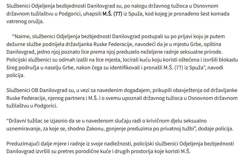 Montenegro-avmp/Zbog-prijave-za-seksualno-uznemiravanje-pretresen-Danilovgradanin-policija-pronasla-sest-komada-oruzja-i-88-metaka