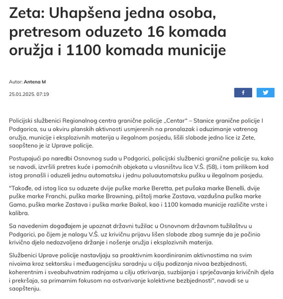 Montenegro-avmp/Zeta_-Uhapsena-jedna-osoba-pretresom-oduzeto-16-komada-oruzja-i-1100-komad