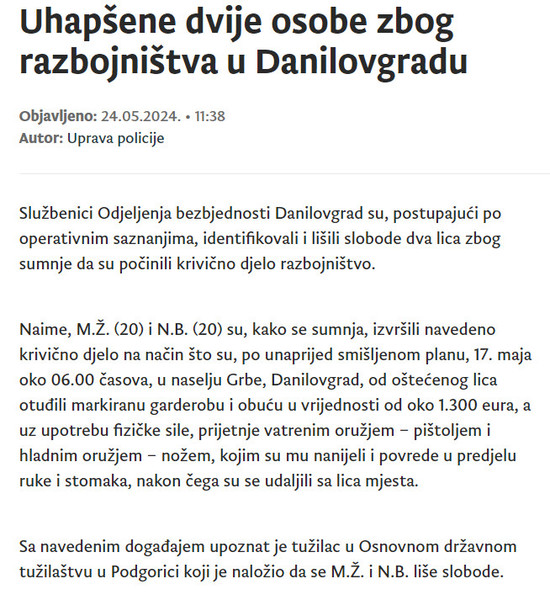 Montenegro-avmp/uhapsene-dvije-osobe-zbog-razbojnistva