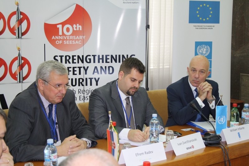 Chiaring the meeting were (left to right) Efrem Radev Senior Expert for Security Issues from the RCC, Ivan Zverzhanovski - SEESAC Team Leader and Wiliam Infante, UN RC in Serbia