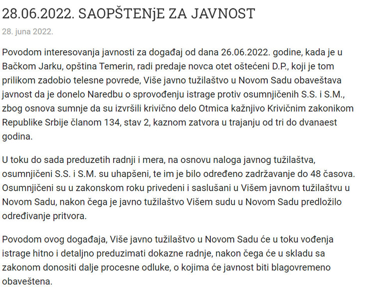 Serbia-avmp/28.06.2022.-SAOPSTENjE-ZA-JAVNOST--VISE-JAVNO-TUZILASTVO-U-NOVOM-SADU