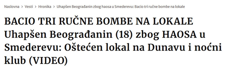 Serbia-avmp/BACIO-TRI-RUCNE-BOMBE-NA-LOKALE-Uhapsen-Beogradanin-18-zbog-HAOSA-u-Smederevu-Ostecen-lokal-na-Dunavu-i-nocni-klub-VIDEO