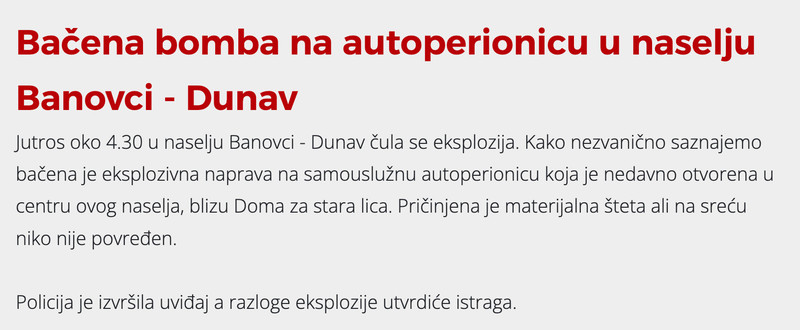Serbia-avmp/Bacena-bomba-na-autoperionicu-u-naselju-Banovci---Dunav1