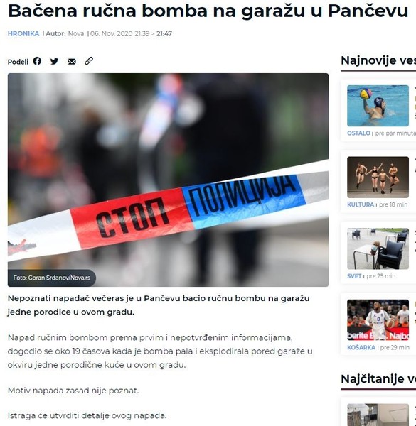 Serbia-avmp/Bacena-rucna-bomba-na-garazu-u-Pancevu