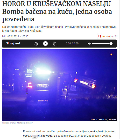 Serbia-avmp/Bomba-bacena-bomba-na-kucu-u-krusevackom-naselju-jedna-osoba-povredena