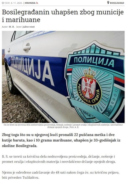 Serbia-avmp/Bosilegradanin-uhapsen-zbog-municije-i-marihuane