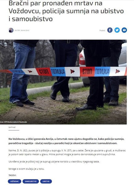 Serbia-avmp/Bracni-par-pronaden-mrtav-na-Vozdovcu-policija-sumnja-na-ubistvo-i-samoubistvo