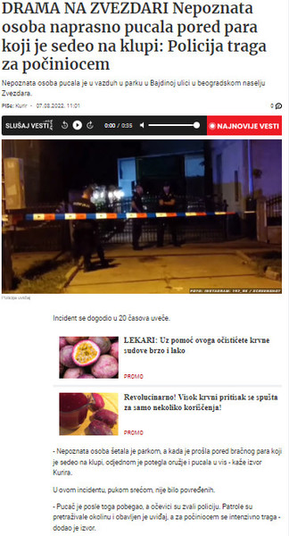 Serbia-avmp/DRAMA-NA-ZVEZDARI-Nepoznata-osoba-naprasno-pucala-pored-para-koji-je-sedeo-na-