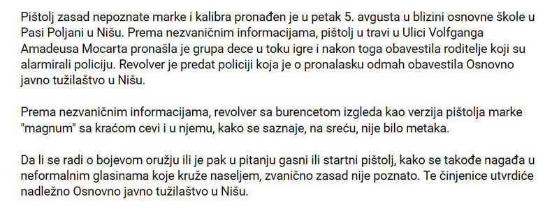 Serbia-avmp/Deca-pronasla-pistolj-u-Nisu-Revolver-bio-bacen-u-travu-na-svega-100-metara-od-skole-mestani-Pasi-Poljane-uznemireni