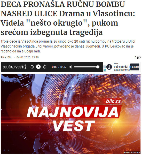 Serbia-avmp/Deca-pronasla-rucnu-bombu-nasred-ulice