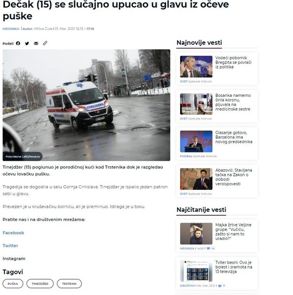 Serbia-avmp/Decak-15-se-slucajno-upucao-u-glavu-iz-oceve-puske