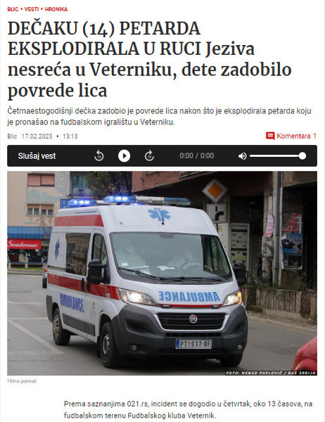 Serbia-avmp/Decaku-eksplodirala-petarda-u-ruci