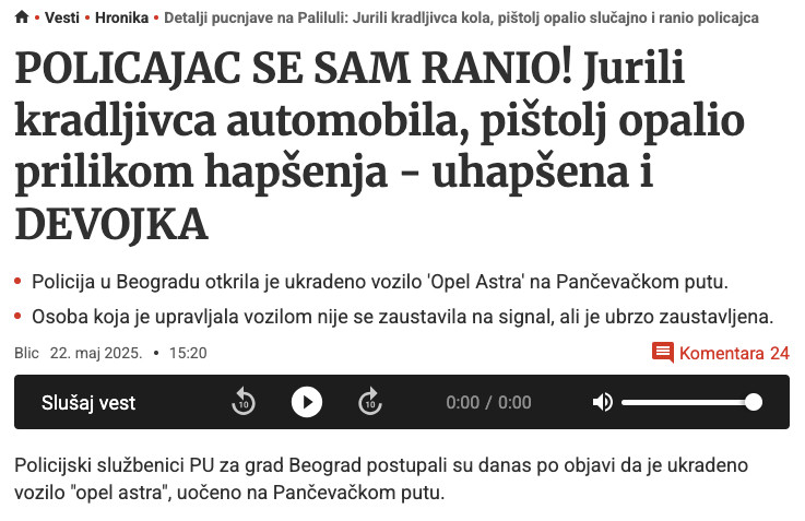 Serbia-avmp/Detalji-pucnjave-na-Paliluli_-Jurili-kradljivca-kola-pistolj-opalio-slucajno-i