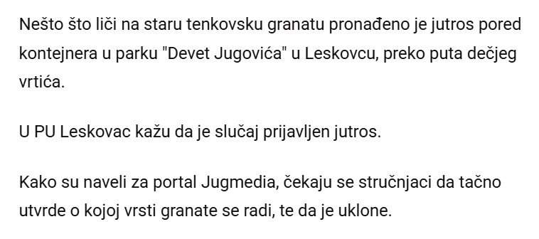 Serbia-avmp/Drama-u-Leskovcu-Pored-kontejnera-preko-puta-vrtica-pronadena-GRANATA-Ceka-se-specijalni-tim_1