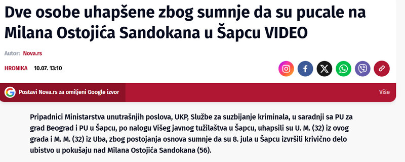Serbia-avmp/Dve-osobe-uhapsene-zbog-sumnje-da-su-pucale-na-Milana-Ostojica-Sandokana-u-Sapcu-VIDEO