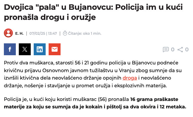 Serbia-avmp/Dvojica-_pala_-u-Bujanovcu_-Policija-im-u-kuci-pronasla-drogu-i-oruzje---Vesti
