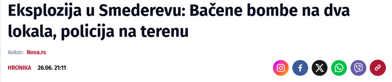 Serbia-avmp/Eksplozija-u-Smederevu-Bacene-bombe-na-dva-lokala-policija-na-terenu
