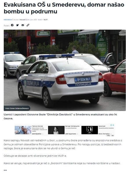 Serbia-avmp/Evakuisana-OS-u-Smederevu-domar-nasao-bombu-u-podrumu